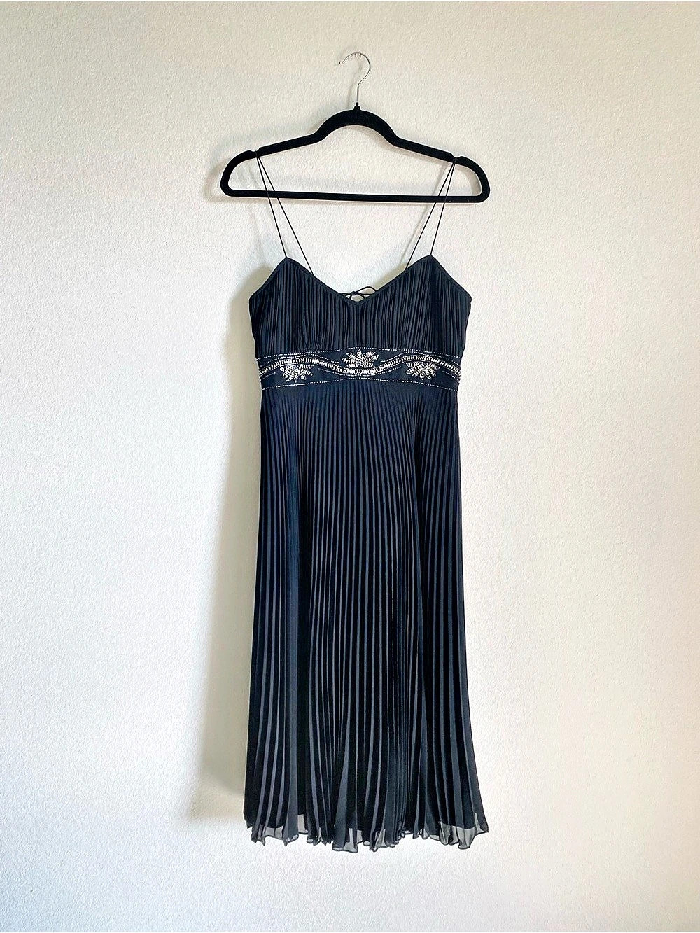 Vtg Betsey Johnson Evening Y2K Chic Pleated Black Cocktail Beaded Midi Dress 6